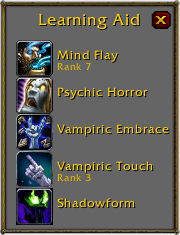 The Learning Aid window, showing Shadow-specced Priest abilities.